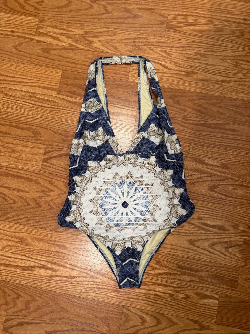 Women's Blue and Cream Halter One-Piece Swimsuit
